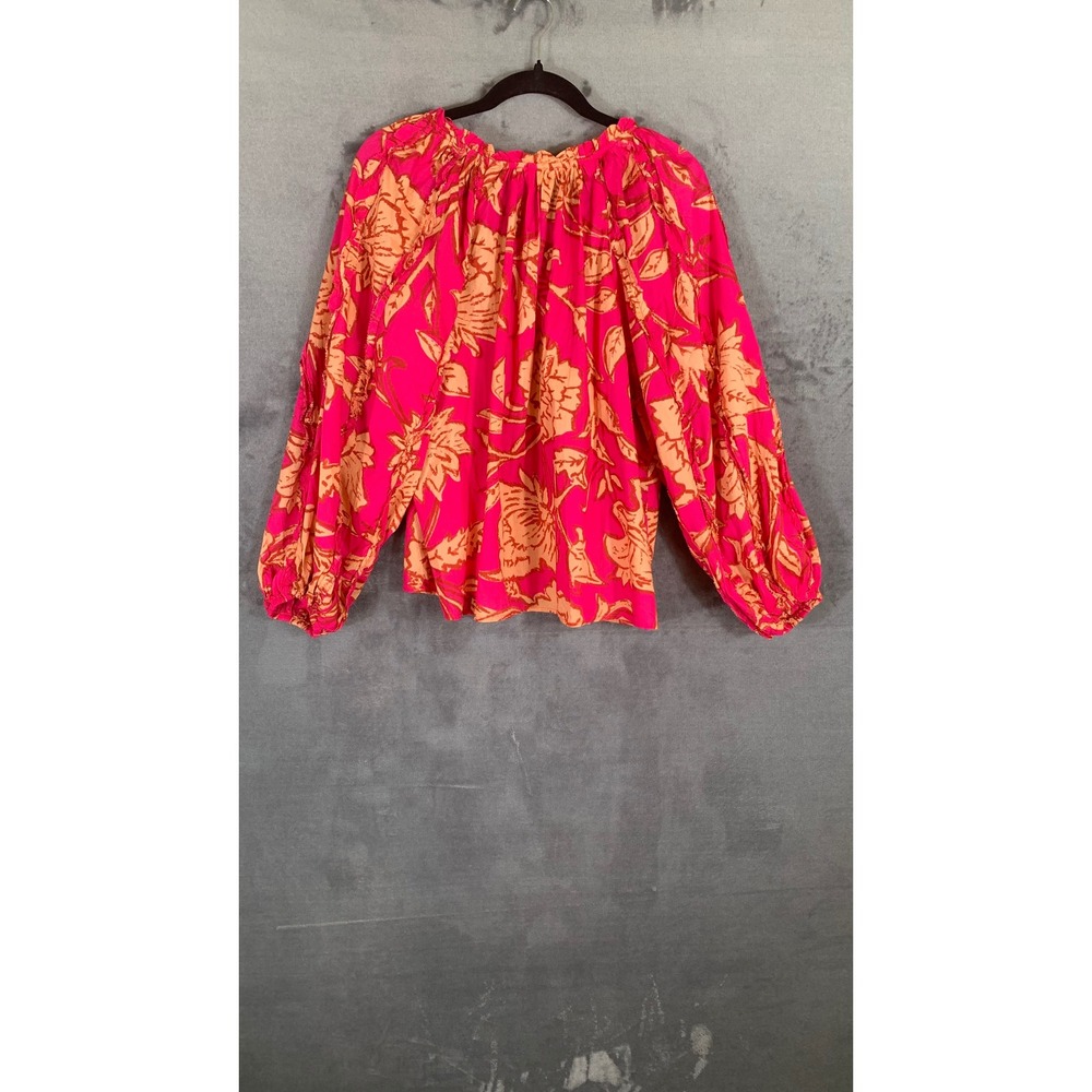 Calligraphie Pink Orange Floral Cotton Peasant Blouse Long Sleeve Tie Neck M - Picture 3 of 8